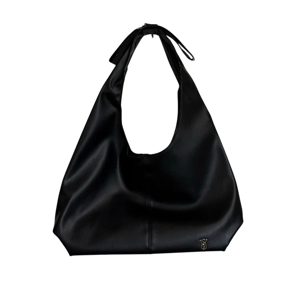 Victoria's Secret VS Bow Tote Bag Large Black Hobo Slouchy Faux Leather